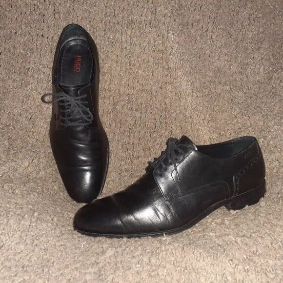 HUGO BOSS-Black Smooth Leather Lace-Up-Oxfords/Derby-Sz 8-Excellent - Picture 1 of 7